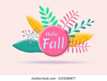 Hello Fall text or 3d icon with leaves. Autumn leaf background design. September, October, November nature banner layout. Vector illustration.