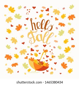 Hello Fall typography banner. Maple colorful leaves, hand drawn lettering autumn design element stock vector illustration for web, for print