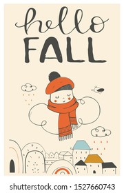 Hello Fall  vector background with cloud in hat and scarf  and fall season city landscape. Vector templates for card, poster, flyer, cover and other use. Trendy retro style