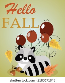 Hello fall vector illustration of a raccoon with autumn yellow leaves, acorns and berries.