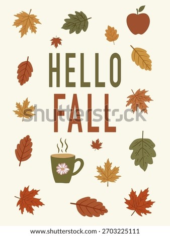 Hello Fall Vertical Greeting Card. Autumn Themed Illustration with Maple Leaves, Hot Drink Mug, and Apple on a Cream Background.