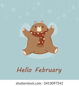 hello February cartoon illustration. a brown bear with a red scarf around his neck and snowflakes. Winter 2024. blue background. February 2024. vector illustration