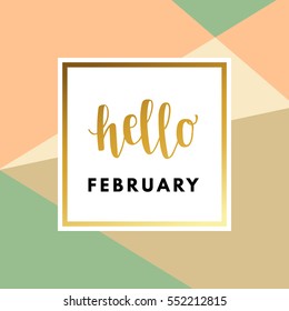 Hello February creative, printable journaling, winter greeting card. Gold minimal logo in frame on abstract geometric background Vintage modern design for banner, poster, flyer, package template.