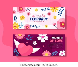 Hello February Horizontal Banner Flat Cartoon Hand Drawn Templates Background Illustration