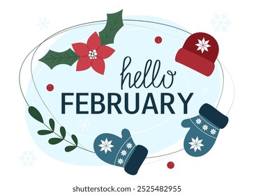 Hello February lettering. Winter season slogan. Short phrase with cute design elements.