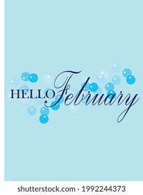 Hello February with Light blue background cursive hand writing