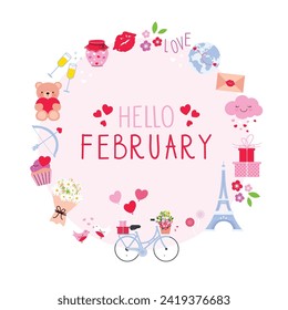 Hello February. Love elements round frame. Wreath of February elements.