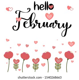 Hello February Month Vector Flowers Hearts Stock Vector (Royalty Free ...