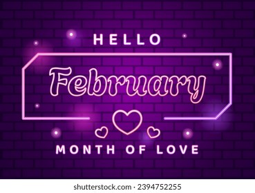 Hello February Month Vector Illustration with Flowers, Hearts, Leaves and Cute Lettering for Decoration Background in Flat Cartoon Templates