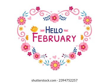 Hello February Month Vector Illustration with Flowers, Hearts, Leaves and Cute Lettering for Decoration Background in Flat Cartoon Templates