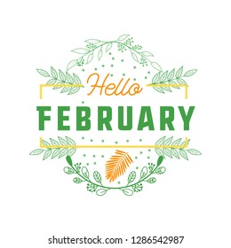 hello february spring text sign with frame, vector illustration
