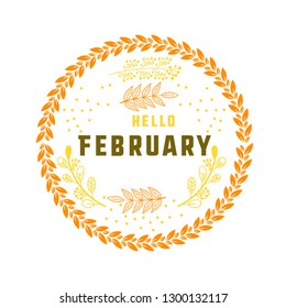 hello february spring text sign with frame, vector illustration