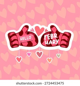 Olá fevereiro banner quadrado com texto e amor rosa namorados corações e luvas rosa isolado no fundo abstrato rosa. Olá fevereiro adorável adesivo, etiqueta , banner, modelo de design de cartaz