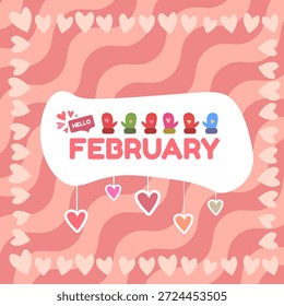 Olá fevereiro banner quadrado com texto e amor rosa namorados corações e luvas rosa isolado no fundo abstrato rosa. Olá fevereiro adorável adesivo, etiqueta , banner, modelo de design de cartaz