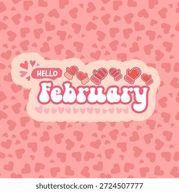 Olá fevereiro banner quadrado com texto e amor rosa namorados corações e luvas rosa isolado no fundo abstrato rosa. Olá fevereiro adorável adesivo, etiqueta , banner, modelo de design de cartaz