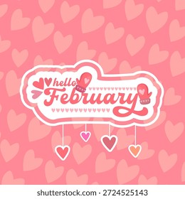 Olá fevereiro banner quadrado com texto e amor rosa namorados corações e luvas rosa isolado no fundo abstrato rosa. Olá fevereiro adorável adesivo, etiqueta , banner, modelo de design de cartaz