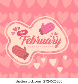 Olá fevereiro banner quadrado com texto e amor rosa namorados corações e luvas rosa isolado no fundo abstrato rosa. Olá fevereiro adorável adesivo, etiqueta , banner, modelo de design de cartaz