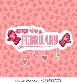 Olá fevereiro banner quadrado com texto e amor rosa namorados corações e luvas rosa isolado no fundo abstrato rosa. Olá fevereiro adorável adesivo, etiqueta , banner, modelo de design de cartaz