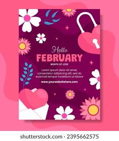 Hello February Vertical Poster Flat Cartoon Hand Drawn Templates Background Illustration