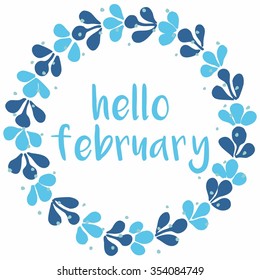Hello february winter watercolor wreath vector card