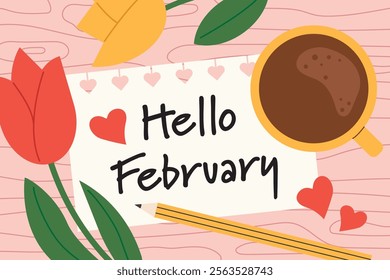 hello february written on the paper note on wooden desk, flat lay view- vector illustration
