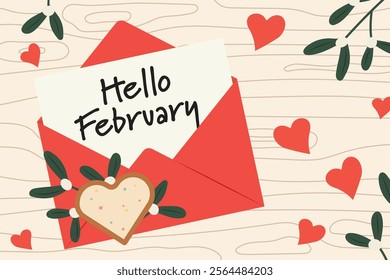 hello february written on the paper note in the red envelope with heart gingerbread and mistletoe twigs on wooden desk, flat lay view- vector illustration
