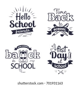 Hello first day back to school related set of black-and-white stickers with inscriptions. Isolated vector illustration of stationery items and educational supplies
