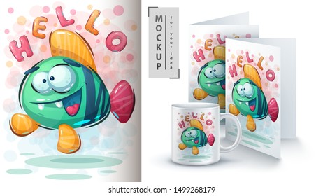 Hello fish poster and merchandising. Vector eps 10