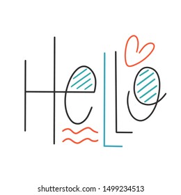 Hello, flat hand drawn lettering.  Vector illustration.