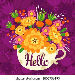 Hello flat vector welcoming postcard, greeting card template. Bunch of blooming, blossoming flowers on naturalistic background. Housewarming party gift invitation with calligraphic lettering