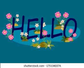 Hello with floral pattern. Blue theme. Creative typography. Flat design. botanical illustration.