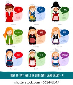 Hello in foreign languages: English, Swedish, Irish (Gaelic), Icelandic, Norwegian, Danish, Welsh, Dutch, Finnish. Cartoon characters with speech bubbles. Vector flat illustration.
