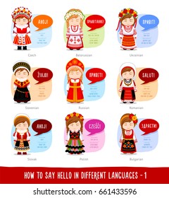 Hello in foreign languages: Russian, Belarusian, Ukrainian, Slovenian, Slovak, Polish, Czech, Romanian, Bulgarian. Cartoon characters with speech bubbles. Vector flat illustration.