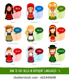 Hello in foreign languages: Spanish, Portuguese, Swiss, German, Austrian, French, Italian, Greek. Cartoon characters with speech bubbles. Vector flat illustration.