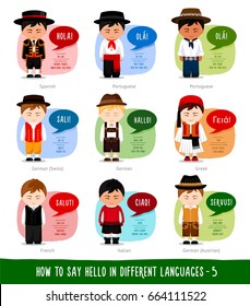 Hello in foreign languages: Spanish, Portuguese, Swiss, German, Austrian, French, Italian, Greek. Cartoon boys with speech bubbles. Template for the dictionary. Vector flat illustration.