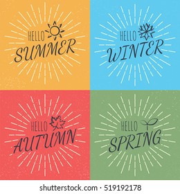 hello four season, vector calligraphy style with retro texture, flat minimal design
