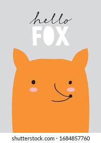 Hello Fox. Cute Nursery Vector Illustration with Funny Little Fox Isolated on a Gray Background. Simple Infantile Style Print ideal for Woodland Party Decoration, Wall Art, Card, Invitation.