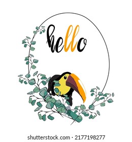 Hello frame with toucan and eucalyptus branches around in flat technique 