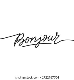 Hello in french Bonjour hello french handwritten lettering card vector illustration. Good morning or greeting flat style. Minimalism and simplicity concept. Isolated on white background