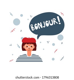 Hello in French in a cartoon bubble. Learn French online. Distance education in quarantine. Learning French in isolation. Language learning app