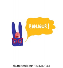 Hola en francés en una burbuja de dibujos animados. Aprende francés en línea. Educación a distancia en cuarentena. Aprender francés en aislamiento. Aplicación de aprendizaje de idiomas. Ilustración de conejo dibujada a mano. Imágenes prediseñadas