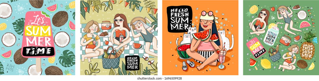 Hello fresh summertime! Set posters of group women friends relax, girl with cats on picnic, watermelon, pineapple, coconut, ice cream isolated objects set. Vector illustration banner, card, postcard