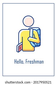 Hello freshman greeting card with color icon element. Supporting newcomer students. Postcard vector design. Decorative flyer with creative illustration. Notecard with congratulatory message