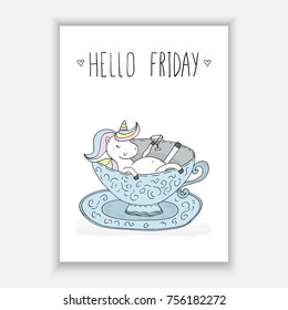 Hello Friday card. Cute Unicorn takes a bath in a porcelain cup. Printable templates.