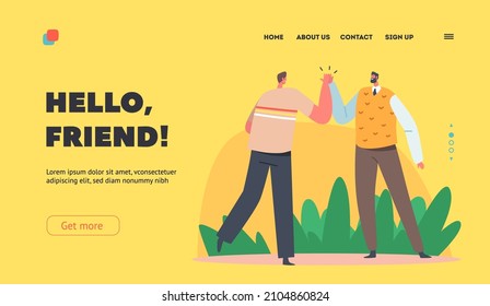 Hello Friend Landing Page Template. Human Greetings, Bonding Relations, Connection, Male Characters Take High Five to Each Other as Symbol of Friendship and Solidarity. Cartoon Vector Illustration