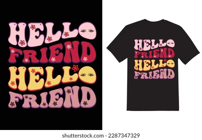 Hola cita de amigo retro wavy groovy vintage texto repetido arte tipográfico con fondo de melocotón
