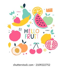 Hola, carta de fruta. Ilustración veraniega brillante de la comida sana en un estilo moderno