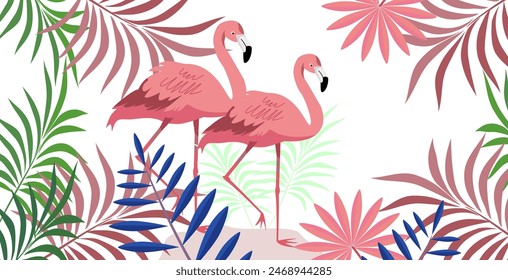 
Hello fun Summer concept design, abstract illustration with exotic leaves of jungle, sea, colorful design, summer background, flamingo birds and banner
