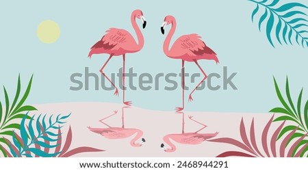 
Hello fun Summer concept design, abstract illustration with exotic leaves of jungle, sea, colorful design, summer background, flamingo birds and banner