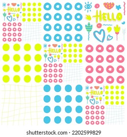 Hello Funky Dots Vector Pattern. Blue, Yellow, Pink Fun Elements. Hearts. Flowers, Hello Calligraphy Design. Phone, Desktop Wallpaper. Bright Cool Wrapping Paper.